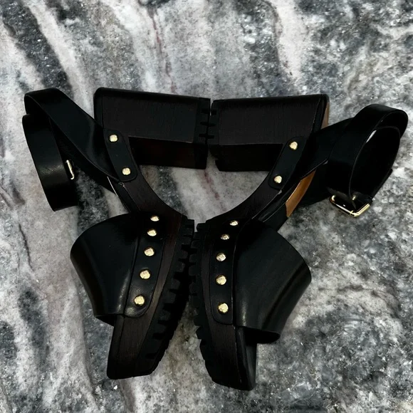 ZARA Anklestrap Wooden Clogs Black LEATHER SANDALS with Studs Size 38 - Picture 3 of 11